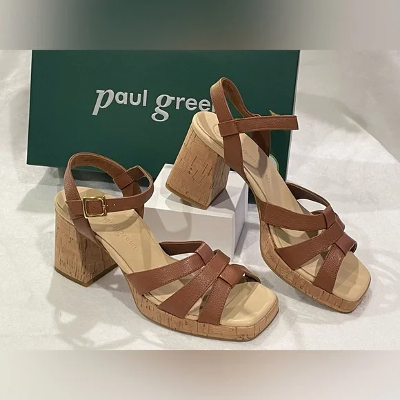 Paul Green Tina Cognac Leather Cork Block Heel Sandals Ankle Strap Sz 10 BNWB - Picture 9 of 11